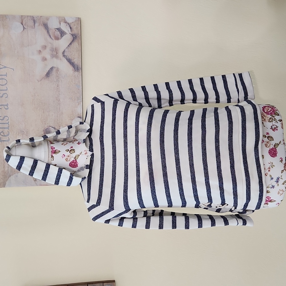 Old Navy fleece hoodie nautical blue/ cream stripe L 10-12